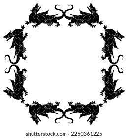 Rectangular frame with fantastic winged medieval dragons. Black and white silhouette.