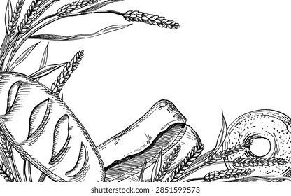 A rectangular frame featuring wheat stalks, a loaf of bread, ciabatta, and a bagel. A vector illustration suitable for bakeries, food delivery services, kitchen textiles, and menus.