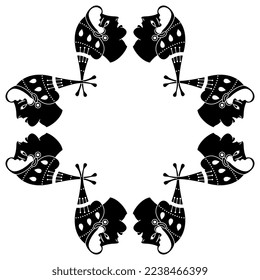 Marco rectangular con cabezas femeninas en sombreros o tapones. Estilo griego antiguo. Silueta blanca y negra. Ilustración vectorial aislada.