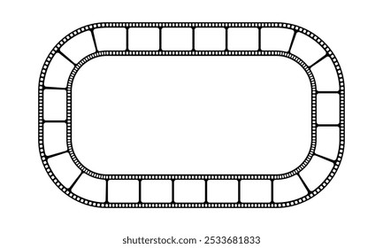 Rectangular frame with film strip as a border. Movie or photo camera tape in elliptic shape. Storyboard layout. Photographies collage template. Vector graphic illustration.