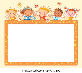 Rectangular frame with five happy kids, flowers and butterflies, no gradients