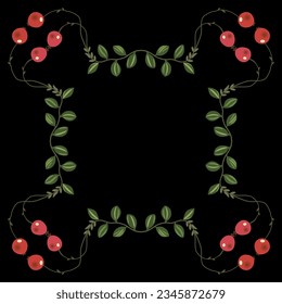 Rectangular frame floral frame with branches of cranberry plant. Botanical ornament with green leaves and ripe red berries. Isolated vector illustration. On black background.