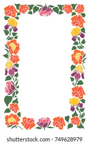 Rectangular frame with flowers and leaves of peonies, irises, tulips. Vector illustration.