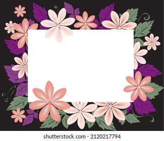 Rectangular frame with flowers and leaves for postcard design, photos, covers