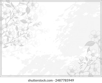 marco rectangular con flores en dos esquinas. Ilustración vectorial pastel con ramitas, flores y líneas. elegante tarjeta de felicitación en tonos grises y plateados