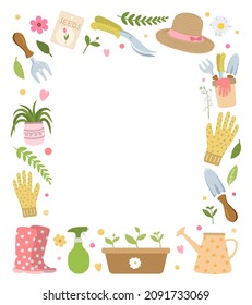 Rectangular frame with gardening tools, clothes, flowers, plants. Isolated on white background. Perfect for stationery, posters, scrapbooks, textile design.