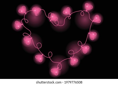 rectangular frame, a garland of light bulbs in the form of pink hearts, there is a room for text