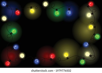 rectangular frame, a garland of multicolored round lamps, there is room for text 
