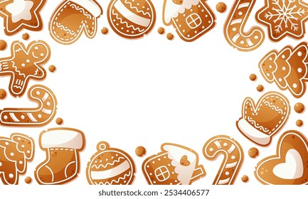 Rectangular frame of gingerbread of different shapes on white background, template. Empty space for text. Christmas gingerbread cookies, gingerbread man. Suitable for New Year and Christmas design