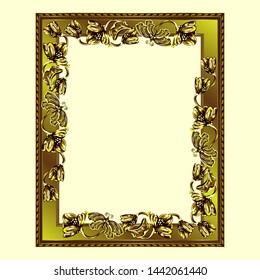 Rectangular frame of golden color with flowers and butterflies, the color vector image on a light yellow background