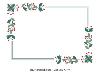 Rectangular Frame With Green Leaves And Red Cherry Berries