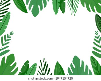 rectangular frame with green leaves of tropical plants. Template for business cards, postcards, photo frames. Vector illustration, flat cartoon style