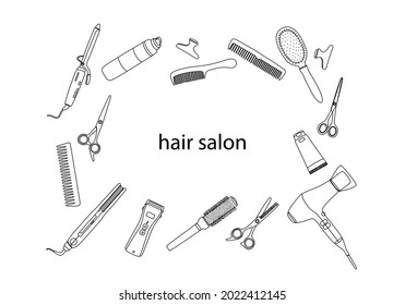 A rectangular frame of hairdressing tools with a copy space in the center. Template logo for a hair salon from accessories,hair dryer, comb, scissors. Outline, sketch in a modern style, vector