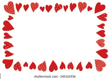 A rectangular frame with hand drawn red plain hearts, dotted hearts and plaid hearts, vector image