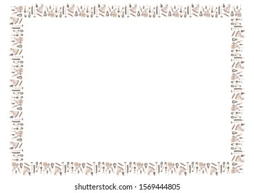 Rectangular frame of handdrawn roses and lavender flowers, mortars with pestle, sticks and cones of incense, aroma lamps, diffusers and candles, essential oils in bottles on a white background. Vector
