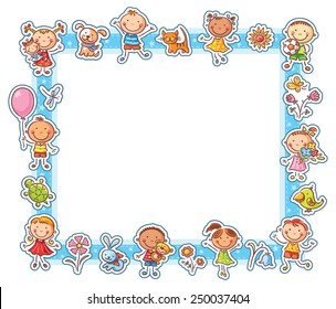 Rectangular frame with happy cartoon kids, pets and flowers