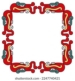 Rectangular frame with heads of fantastic dragon monster with teeth and tentacles. Native American animal design of Aztec Indians from Mexican codex. Isolated vector illustration.
