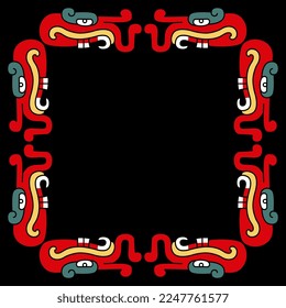 Rectangular frame with heads of fantastic dragon monster with teeth and tentacles. Native American animal design of Aztec Indians from Mexican codex. On black background.