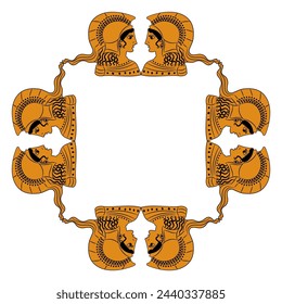 Rectangular frame with heads of goddess Athena or Minerva wearing helmet. Ethnic Ancient Greek vase painting style. Isolated vector illustration.