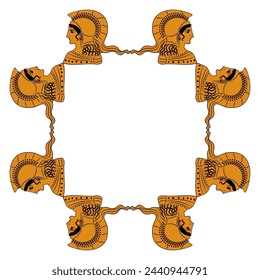 Rectangular frame with heads of goddess Athena or Minerva wearing helmet. Ethnic Ancient Greek vase painting style. Isolated vector illustration.