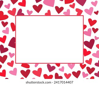 Rectangular frame with hearts.  Red and pink confetti in the shape of hearts forming a rectangular frame. It is used as a design element for Valentine's Day. Stock illustration