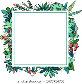 Rectangular frame with houseplants, cacti and succulents. Vector color hand drawn outline sketch illustration isolated on white background