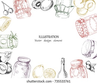 Rectangular frame of jams and fruits in vector