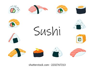 Marco rectangular con sushi y rollos japoneses. ilustración vectorial