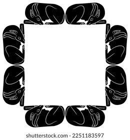 Rectangular frame with lying gazelles. Ancient Egyptian animal motif. Black and white negative silhouette.