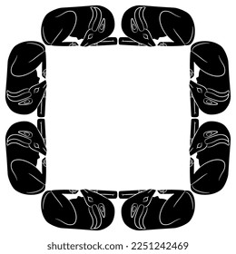 Rectangular frame with lying gazelles. Ancient Egyptian animal motif. Black and white negative silhouette.