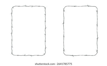 A rectangular frame made of barbed wire. Prison.
Razor wire silhouettes. Barbed wire metallic border elements, sharply barb wire fencing vector symbols set. 