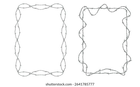 A rectangular frame made of barbed wire. Prison.
Razor wire silhouettes. Barbed wire metallic border elements, sharply barb wire fencing vector symbols set. 