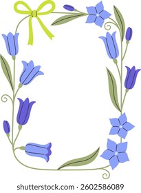 A rectangular frame made of bellflowers and leaves with a ribbon at the top in a playful cartoon style. Delicate blossoms and swirling stems form a decorative border accented by a bow. Cartoon vector