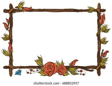 Rectangular frame made of branches with roses and flower buds. Decorative element for design work in the boho style.