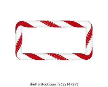 Rectangular frame made of Christmas candy cane, with red and white stripes. Vector element for cards, banners, design and holiday compositions. Cartoon style. Isolated background.