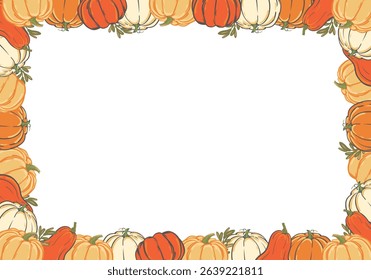 Rectangular frame made of colorful pumpkins, Halloween decoration. Vector vertical template with autumn pumpkins for party invitations.