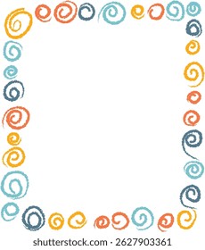 A rectangular frame made of crayon-drawn spirals in a playful style. Spirals form a whimsical border with a childlike appearance. Cartoon vector illustration.