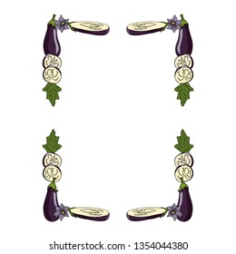 Rectangular frame made of eggplants, eggplant slices, leaves and flowers. Decorative element with fresh vegetables on white background for your design