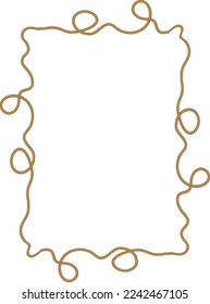 Rectangular frame made of tangled rope isolated on white background. Twisted cord with decorative loops and nautical knots. Braided rope decor. Vintage flat cartoon vector border.