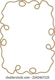 Rectangular frame made of tangled rope isolated on white background. Twisted cord with decorative loops and nautical knots. Braided rope decor. Vintage flat cartoon vector border.