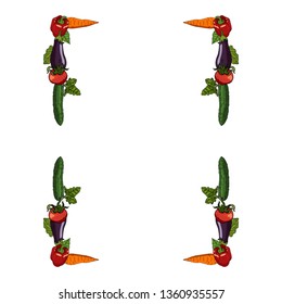 Rectangular frame made of tomatoes, cucumbers, bell peppers, eggplants and carrots. Decorative element with fresh vegetables on white background for your design