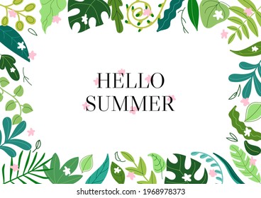 Rectangular frame made of various green leaves and small white and pink flowers.Hello summer horizontal floral banner template, delicate and elegant background. Vector illustration.