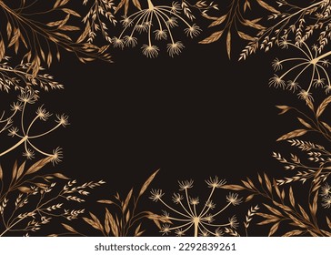 Rectangular frame with meadow herbs. Template with dry grass. Black background. Line art. Botanical vector illustration. 