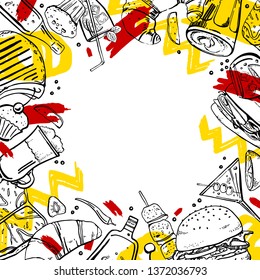 Rectangular frame with meat, sandwiches, cocktails, bottles, desserts and coffee drinks. Outline vector hand drawn sketch illustration with different food and colorful spots on white background