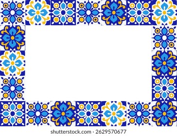 Rectangular frame with Mediterranean ceramic tiles in blue, yellow, and white. Inspired by Italian, Spanish, and Portuguese motifs. Perfect for packaging, invitations, and summer design