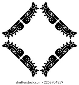Rectangular frame with monster animal heads with sharp teeth. Native American art of Aztec Indians from Mexican codex. Black and white silhouette.