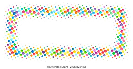 A rectangular frame of multicolored dots floats on a white background, perfect for adding a festive touch to invitations or announcements.