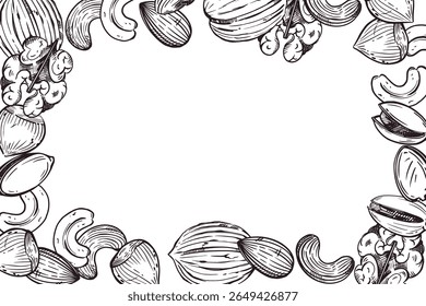 Moldura retangular de nozes, nozes, amêndoas, caju. Todos os objetos são desenhados à mão em tinta vetorial. A ilustração é adequada para a decoração da embalagem de nozes, outros alimentos e cosméticos.