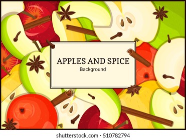 The rectangular frame on apples with spice background. Yellow, red and green apple fruits and anise cinnamon cloves appetizing looking for the packaging of juice, breakfast, healthy eating, vegetarian