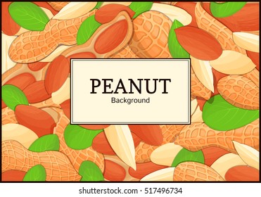 The rectangular frame on peanut background. Vector card illustration. Nuts frame, peanut fruit in the shell, whole, shelled, leaves, appetizing looking for packaging design of healthy food
